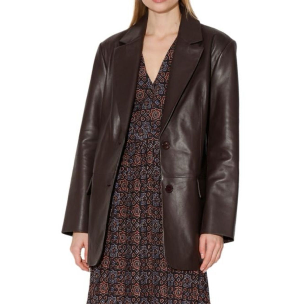 Real Lambskin Leather Oversized Blazer, Chocolate Brown